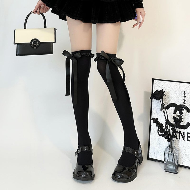 Ninejuize Thigh High Stockings with Bow, Santa Accessory Y2K Fishnet Socks with Lace Brim Lingerie Tights for Women - Image 1